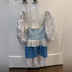 LoveShackFancy Floral Smocked Puff Sleeve Ruffle Mini Dress - Shades of Blue